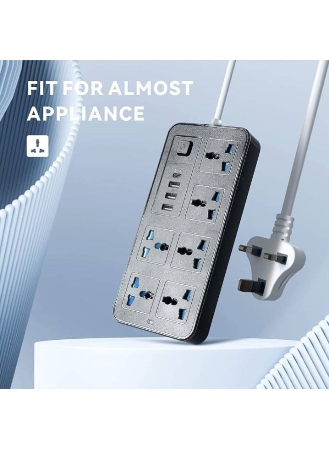 Universal Extension Lead with Multiple Function UK Plug 3 Pin Socket Outlet with 6 Power Strip Gang 3 USB Port 1 Type-C Port 2 Meter Electric Socket Mains Strip for Home Kitchen and Office - Image 4