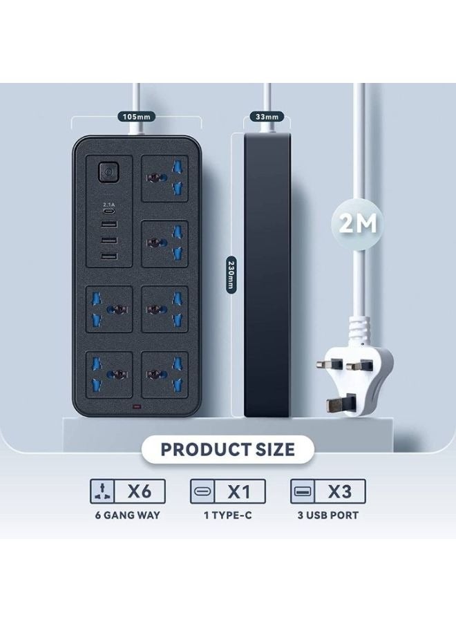 Universal Extension Lead with Multiple Function UK Plug 3 Pin Socket Outlet with 6 Power Strip Gang 3 USB Port 1 Type-C Port 2 Meter Electric Socket Mains Strip for Home Kitchen and Office - Image 2