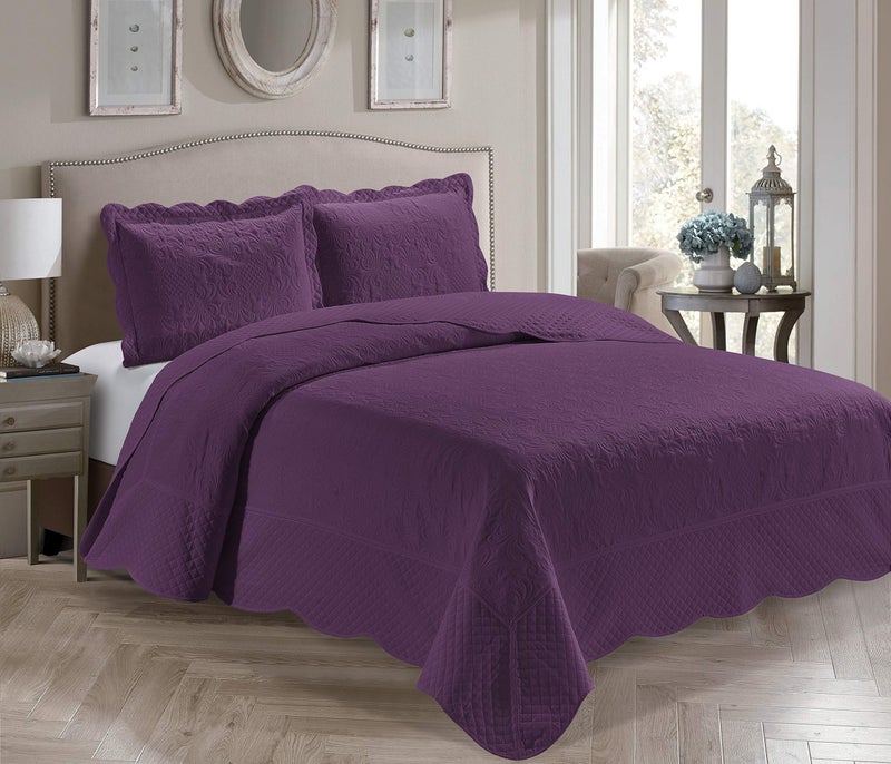Home Collection 3 Piece KingCalifornia King Over Size Embossed Solid Purple Color Coverlet Bedspread New  Veronica