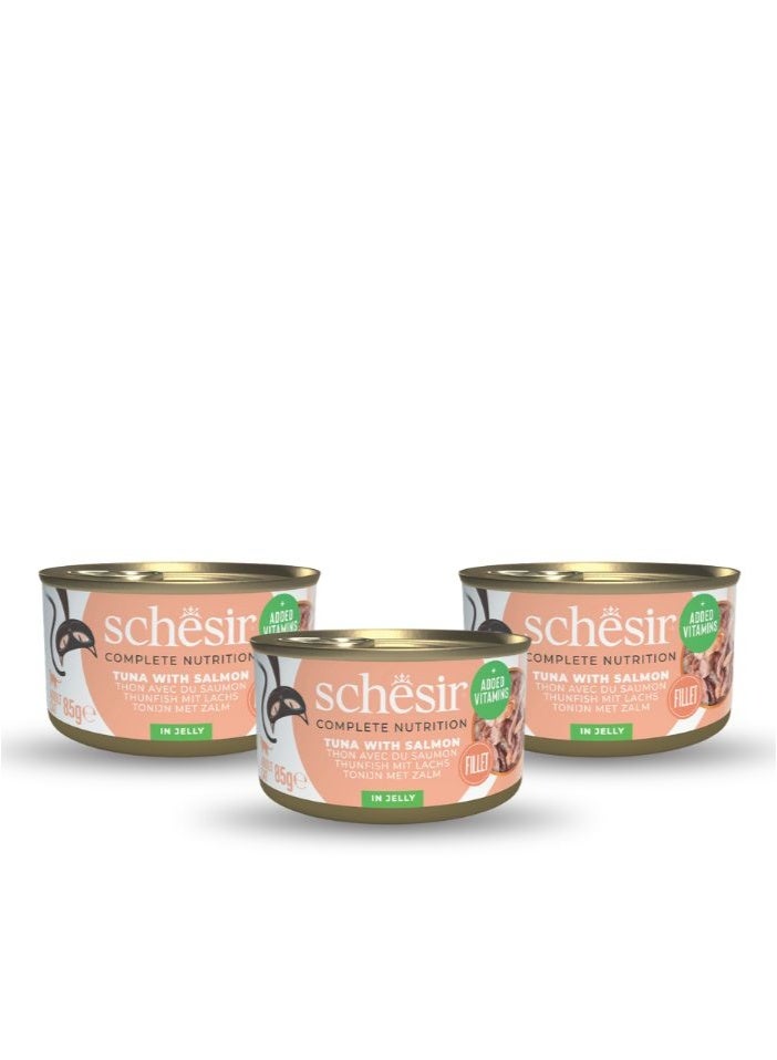 شيسر 3 قطع طعام قطط رطب بالتونة والسلمون في علب جيلي 85 جرام - Image 1