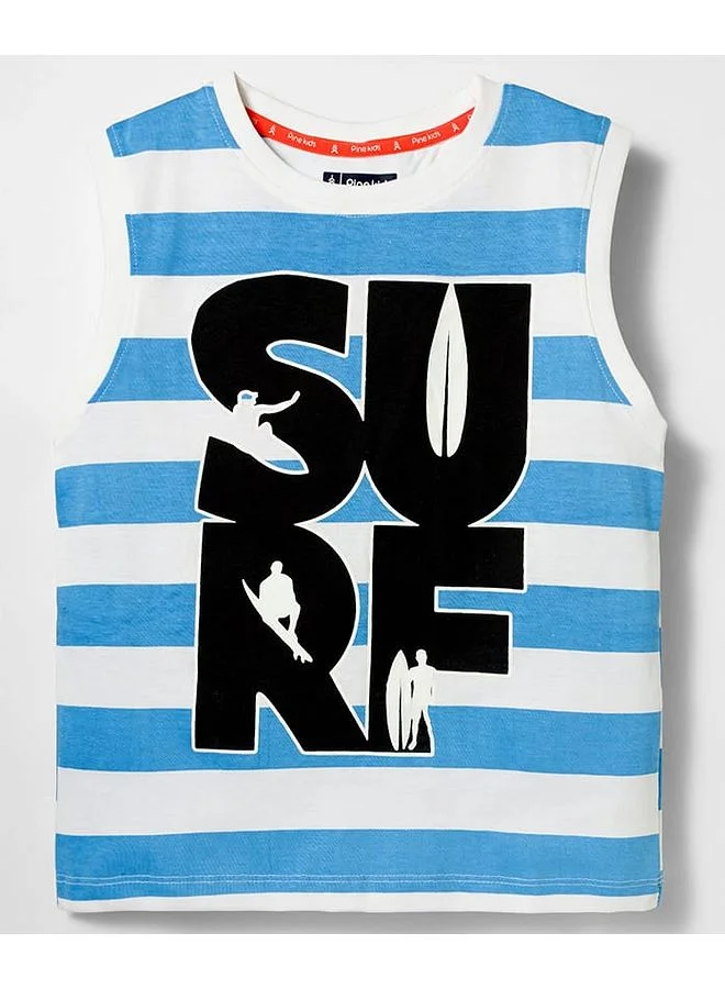 Pine Kids Pine Kids Cotton Knit Sleeveless Striped Tank T-Shirt with Surfing Print - White