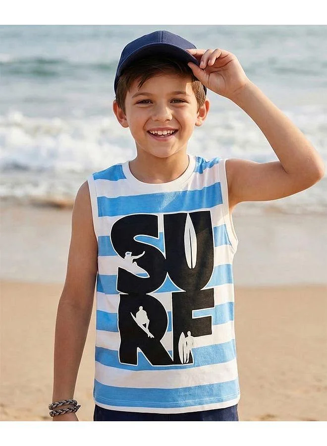 Pine Kids Pine Kids Cotton Knit Sleeveless Striped Tank T-Shirt with Surfing Print - White
