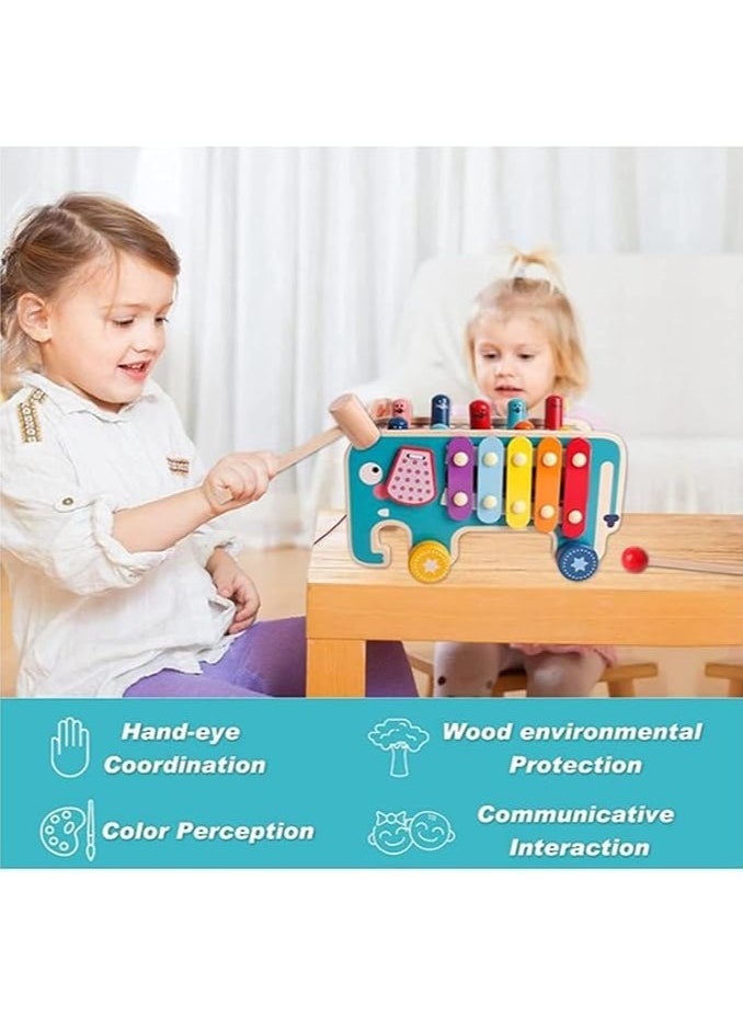 Wooden Hammering and Pounding Toys with 2 Mallets  1 Drumstick,Peg Pounding Bench, Elephant Gopher Toy, Tap Bench Hit Mole Hamster Game, Educational Wooden Toy Gift for Baby Toddlers (blue)  - Image 4