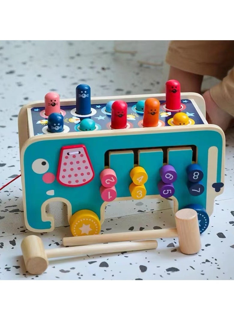 Wooden Hammering and Pounding Toys with 2 Mallets  1 Drumstick,Peg Pounding Bench, Elephant Gopher Toy, Tap Bench Hit Mole Hamster Game, Educational Wooden Toy Gift for Baby Toddlers (blue)  - Image 2