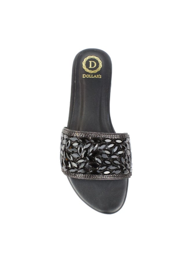 Dollar's Fashion Open Toe Slip On Flats Women Sandals, Crystal Embellished Elegant Synthetic Leather Ladies Fashion Footwear (Black) - Image 2