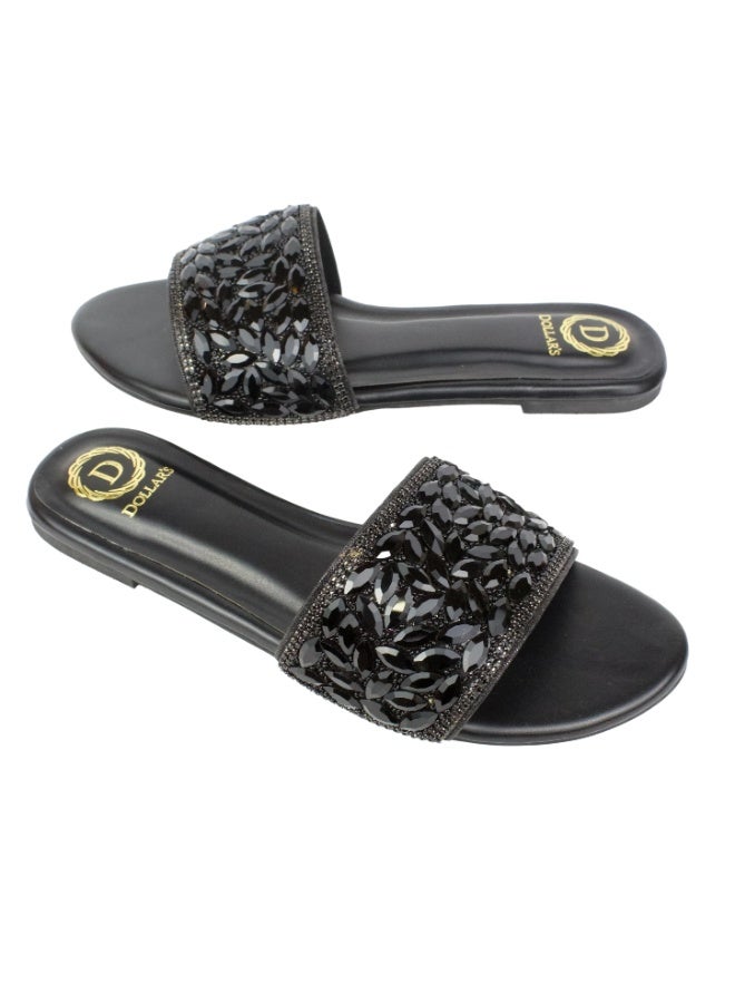 Dollar's Fashion Open Toe Slip On Flats Women Sandals, Crystal Embellished Elegant Synthetic Leather Ladies Fashion Footwear (Black) - Image 1