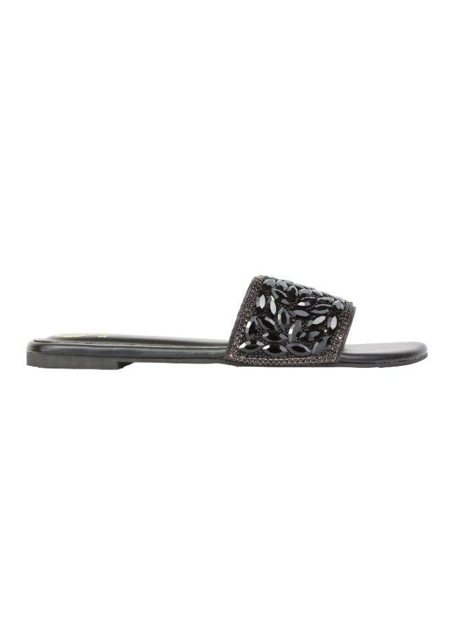 Dollar's Fashion Open Toe Slip On Flats Women Sandals, Crystal Embellished Elegant Synthetic Leather Ladies Fashion Footwear (Black) - Image 3