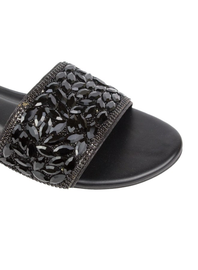 Dollar's Fashion Open Toe Slip On Flats Women Sandals, Crystal Embellished Elegant Synthetic Leather Ladies Fashion Footwear (Black) - Image 4