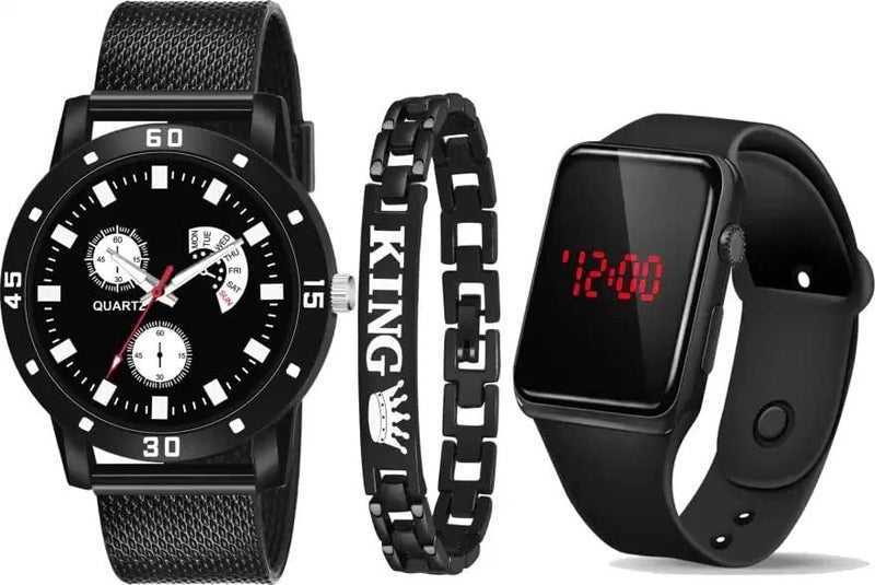 Acnos Polyurethane Kid's Analog Digital Watch With Black Dial, Led And Bracelet Combo, Black Band - Image 3