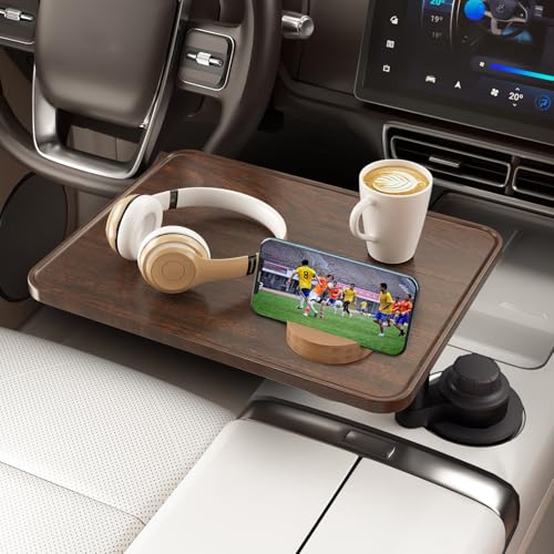 AXVLU Car Tray Table & Car Laptop Desk with 360° Rotation & Phone Holder - Wooden Cup Holder Table, Car Laptop Mount & Food Tray Compatible with Tesla Model Y/3/S and Most Vehicles - Image 1