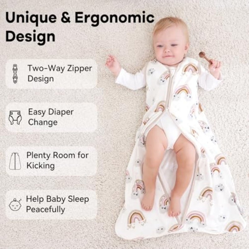 كيس نوم Unnivoll Baby بطانية أطفال يمكن ارتداؤها من 6 إلى 12 شهرًا، 3 عبوات كيس نوم خفيف الوزن مصنوع من القطن بنسبة 100% مع سحاب ثنائي الاتجاه، مناسب لحديثي الولادة، سحابة شمس بيضاء مشمشية - Image 4