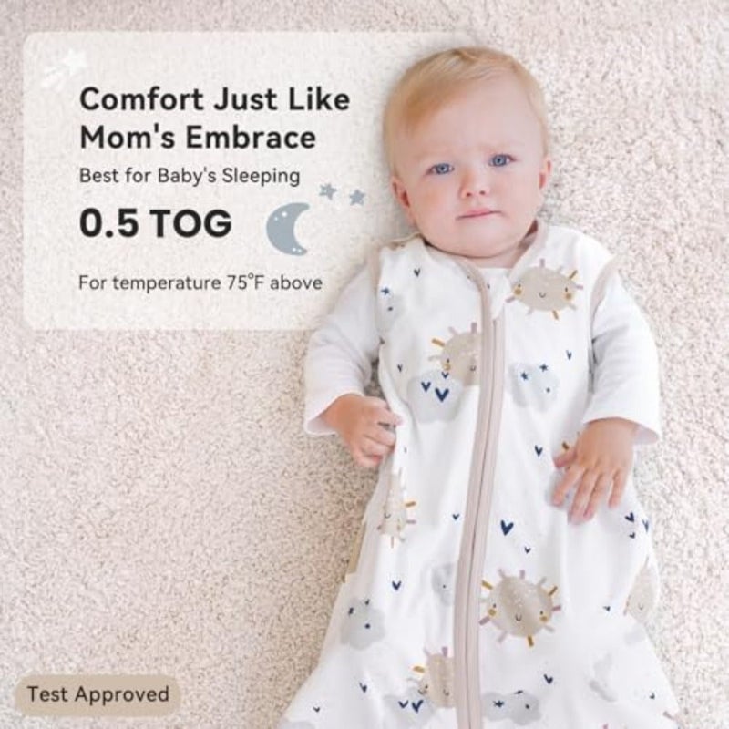 كيس نوم Unnivoll Baby بطانية أطفال يمكن ارتداؤها من 6 إلى 12 شهرًا، 3 عبوات كيس نوم خفيف الوزن مصنوع من القطن بنسبة 100% مع سحاب ثنائي الاتجاه، مناسب لحديثي الولادة، سحابة شمس بيضاء مشمشية - Image 5