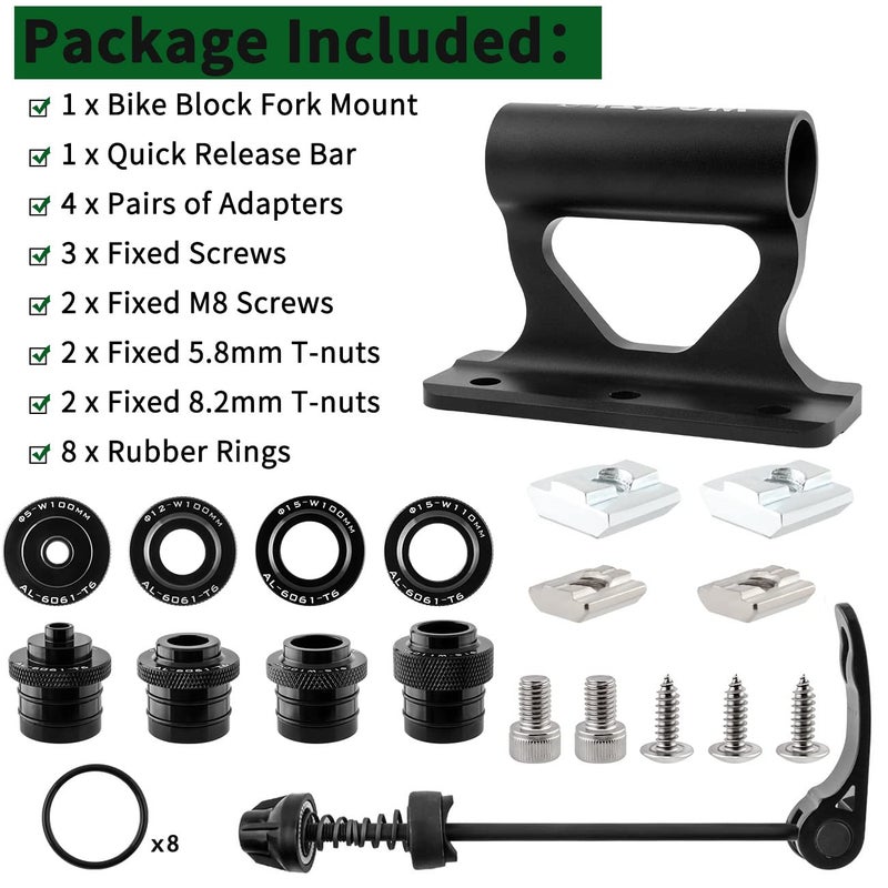 MUQZI Bike Fork Mount, Upgraded Quick Release Thru Axle Bicycle Fork Rack Block with 4 Adapters for Car Trucks Vans SUV Transport and Storage, Black - Image 3