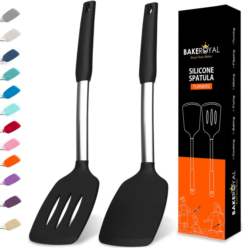 BakeRoyal Silicone Spatula Set - Turner Spatulas Silicone Heat Resistant 600°F - Slotted & Solid Spatula for Cooking Fish, Eggs, Pancakes Flipper – Spatulas for kitchen use – Black - Image 1