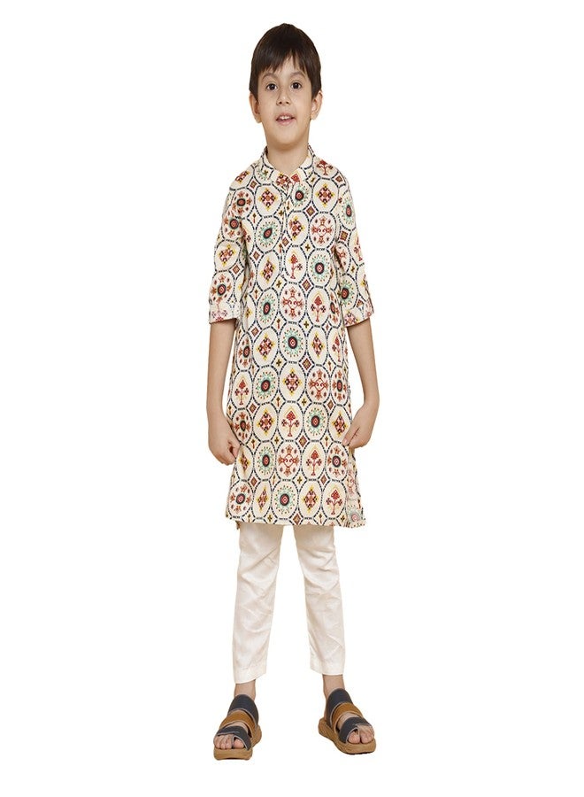 PICCOLO Cream Printed Kurta with Pyjama Set Cotton Boy's Ethnic Kurta Pyjama Set, 3-4Years - Image 1