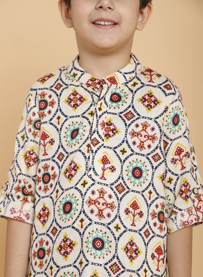 PICCOLO Cream Printed Kurta with Pyjama Set Cotton Boy's Ethnic Kurta Pyjama Set, 3-4Years - Image 4