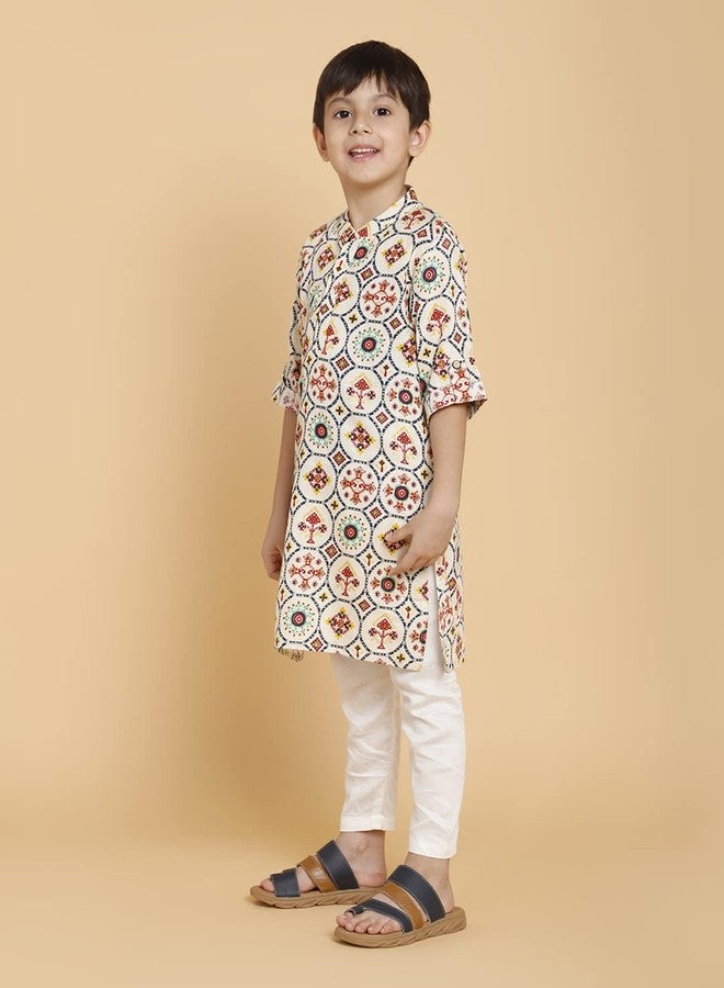 PICCOLO Cream Printed Kurta with Pyjama Set Cotton Boy's Ethnic Kurta Pyjama Set, 3-4Years - Image 3