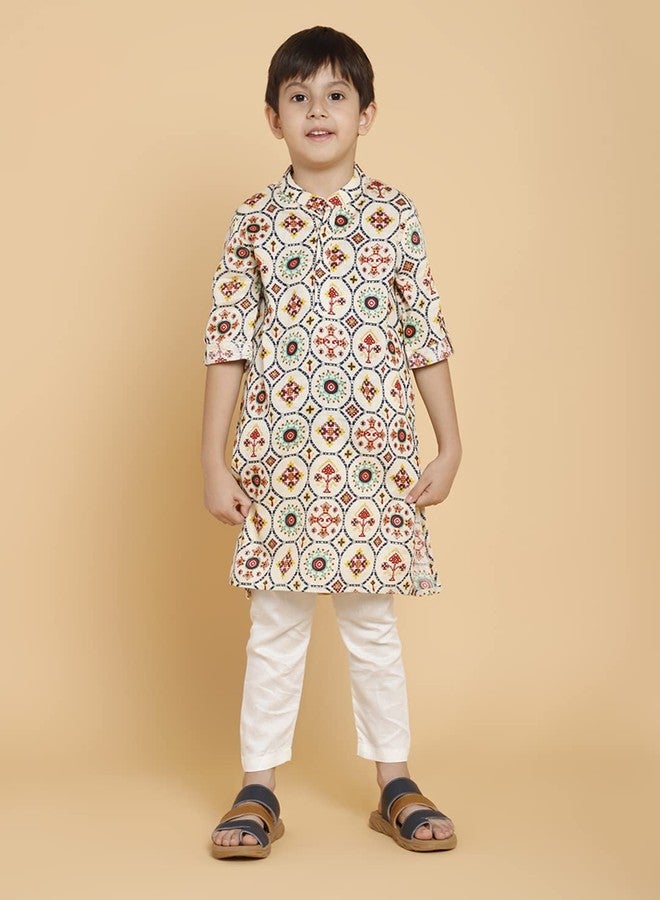 PICCOLO Cream Printed Kurta with Pyjama Set Cotton Boy's Ethnic Kurta Pyjama Set, 3-4Years - Image 2
