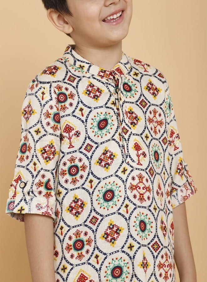 PICCOLO Cream Printed Kurta with Pyjama Set Cotton Boy's Ethnic Kurta Pyjama Set, 3-4Years - Image 5