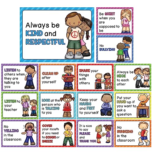 Lachilly 15 Sheets Classroom Rules Educational Poster for Preschool Home Middle and High School Classroom Wall Decoration Language Arts Charts Toddler Learning Toys Bulletin Board Set - Image 1