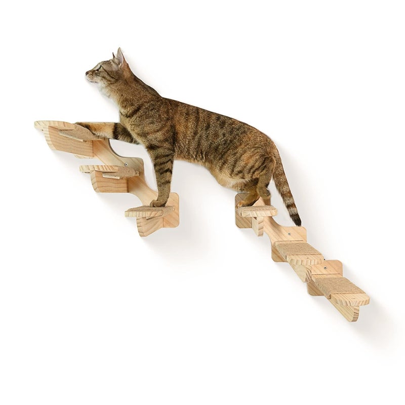 Dvfroy Cat Wall Steps, 2 PCs Cat Wall Furniture, Large Size Solid Wood Cat Wall Climbing Shelves, Wall Mounted Cat Staircase with Sisal Scratching Cat Wall Shelf, Cat Stairs 3 Steps Ladder(Left) - Image 1