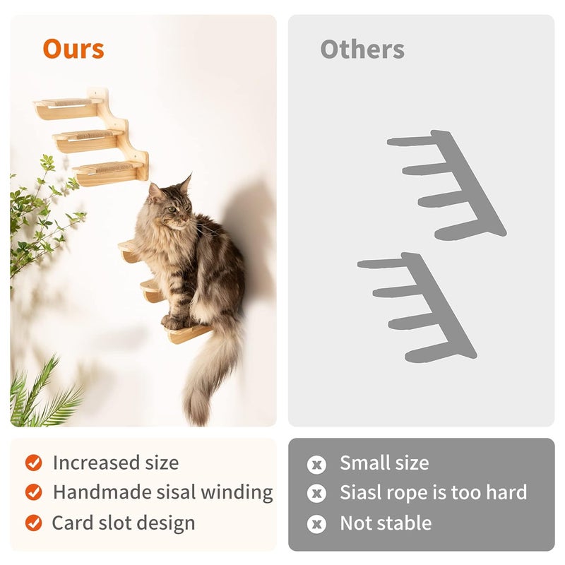 Dvfroy Cat Wall Steps, 2 PCs Cat Wall Furniture, Large Size Solid Wood Cat Wall Climbing Shelves, Wall Mounted Cat Staircase with Sisal Scratching Cat Wall Shelf, Cat Stairs 3 Steps Ladder(Left) - Image 4
