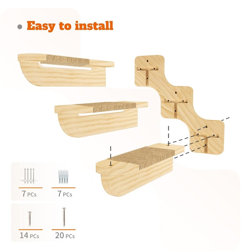 Dvfroy Cat Wall Steps, 2 PCs Cat Wall Furniture, Large Size Solid Wood Cat Wall Climbing Shelves, Wall Mounted Cat Staircase with Sisal Scratching Cat Wall Shelf, Cat Stairs 3 Steps Ladder(Left) - Image 5