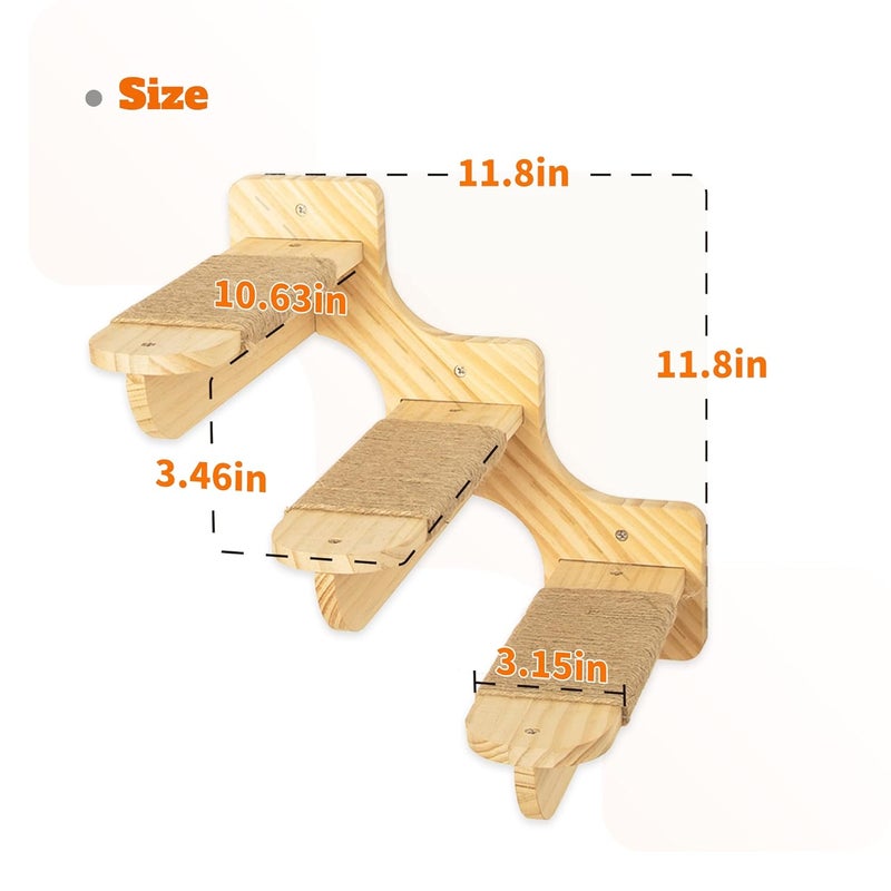 Dvfroy Cat Wall Steps, 2 PCs Cat Wall Furniture, Large Size Solid Wood Cat Wall Climbing Shelves, Wall Mounted Cat Staircase with Sisal Scratching Cat Wall Shelf, Cat Stairs 3 Steps Ladder(Left) - Image 2