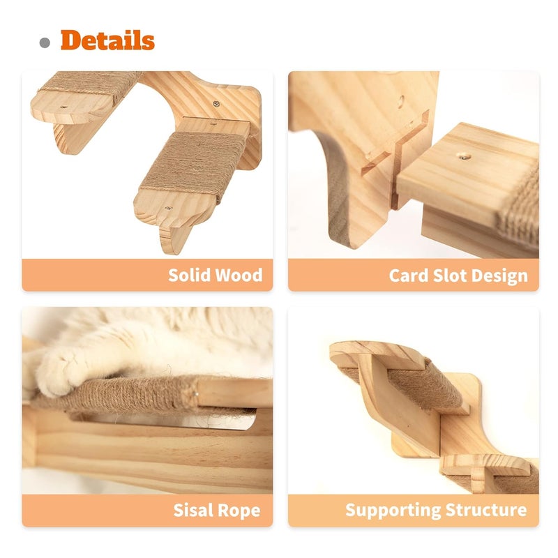 Dvfroy Cat Wall Steps, 2 PCs Cat Wall Furniture, Large Size Solid Wood Cat Wall Climbing Shelves, Wall Mounted Cat Staircase with Sisal Scratching Cat Wall Shelf, Cat Stairs 3 Steps Ladder(Left) - Image 3