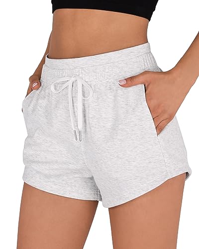 ODODOS Women's Sweat Shorts with Pockets Cotton French Terry Drawstring Summer Workout Casual Lounge Shorts, White Heather, Large - Image 1