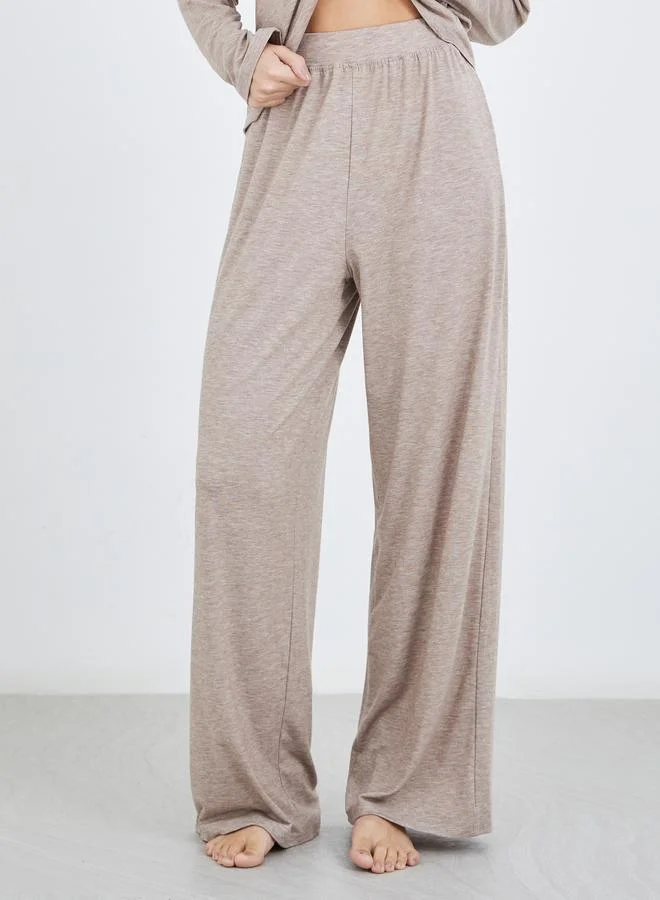 Styli Styli Women Beige Melange Shirt and Wide Leg Pyjama Set
