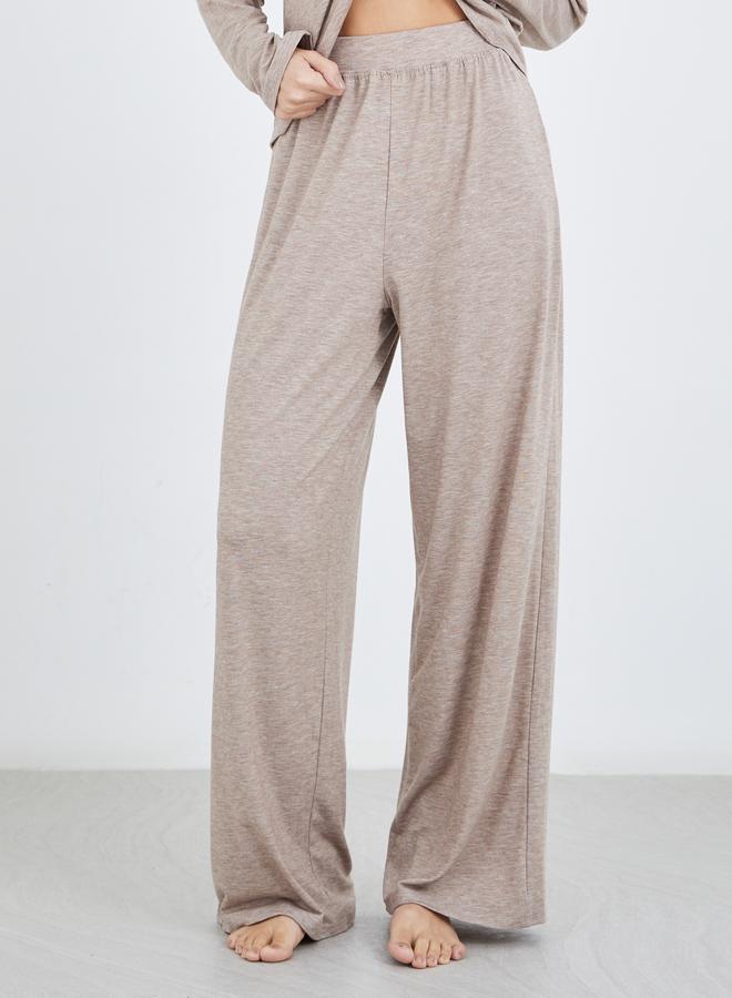 Styli Women Beige Melange Shirt and Wide Leg Pyjama Set - Image 4