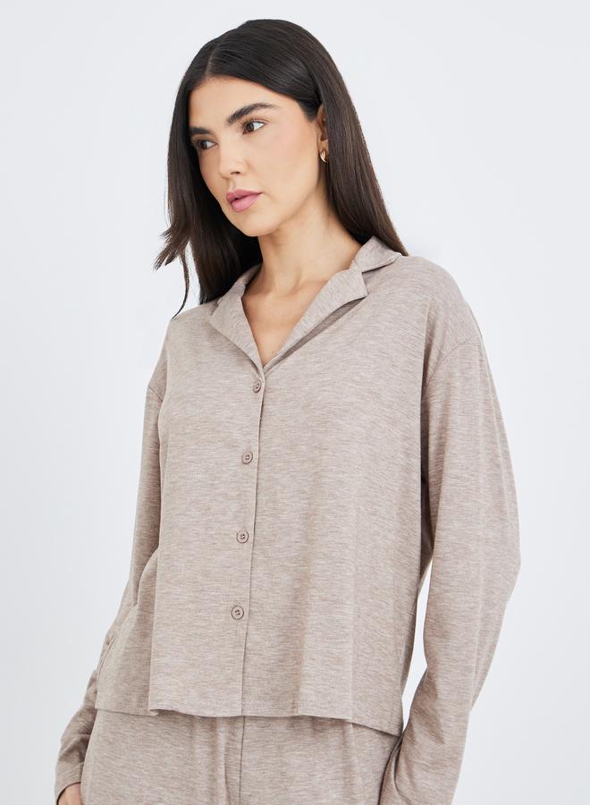 Styli Women Beige Melange Shirt and Wide Leg Pyjama Set - Image 2