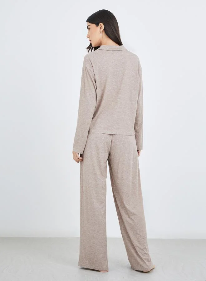 Styli Styli Women Beige Melange Shirt and Wide Leg Pyjama Set