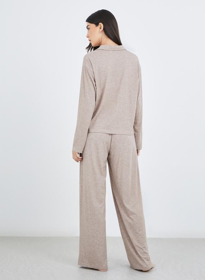 Styli Women Beige Melange Shirt and Wide Leg Pyjama Set - Image 5