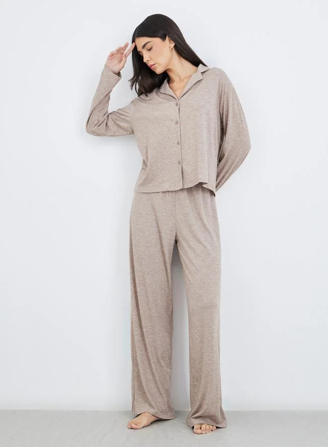 ستايلي Styli Women Beige Melange Shirt and Wide Leg Pyjama Set