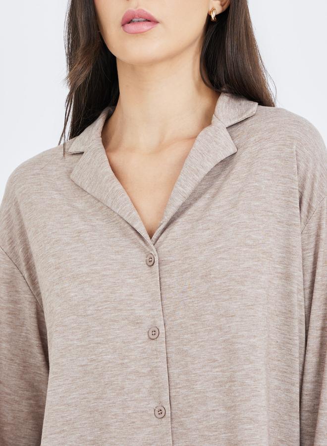 Styli Women Beige Melange Shirt and Wide Leg Pyjama Set - Image 3