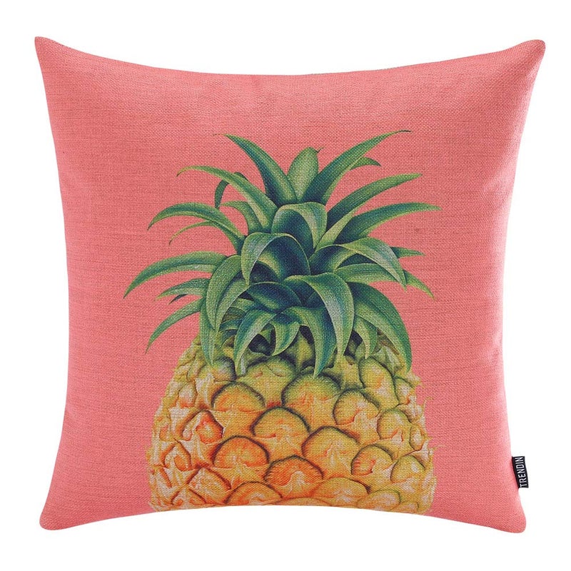 TRENDIN 18 X 18 Vintage Pink Color Big Pineapple Tropical Summer Fruits Linen Pillow Case Cushion Cover DecorativePL069TR