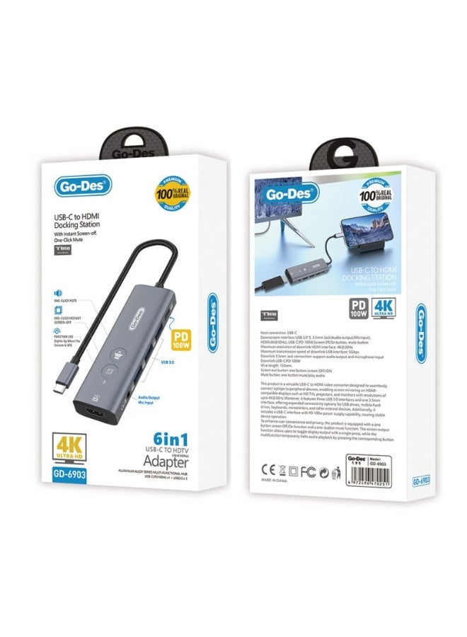 GO-DES 6-in-1 Docking Station Multi-function USB-C to HDMI with Instant Screen off One Click Mute and 4K Ultra HD - Image 3