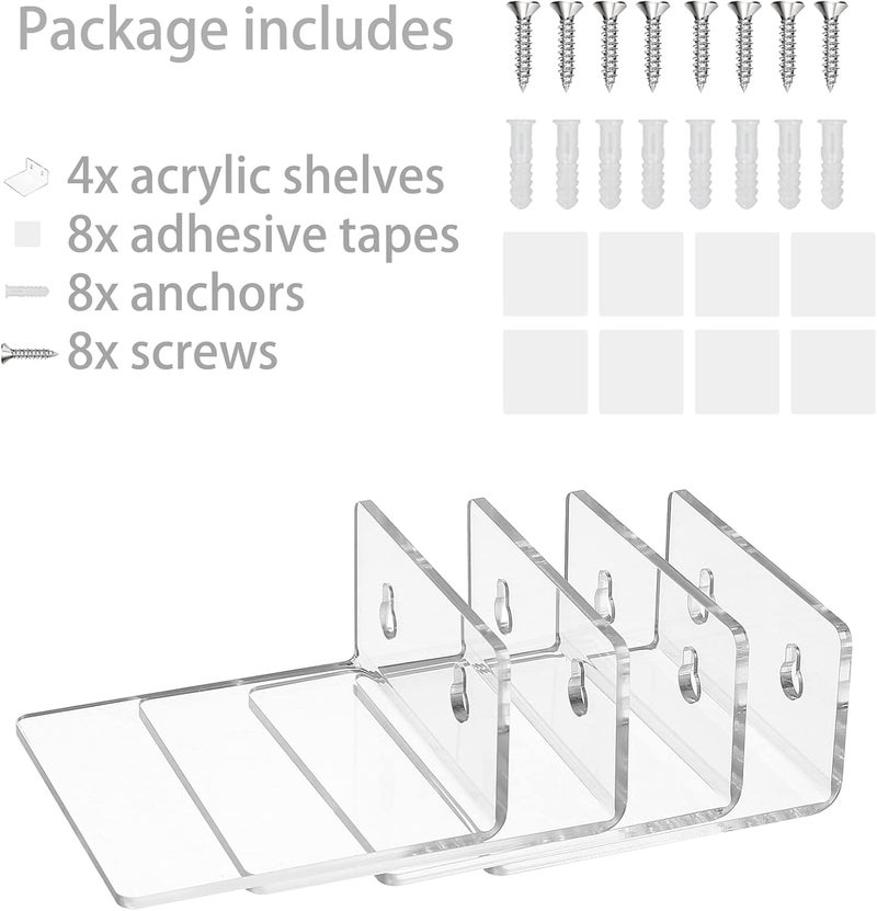 LUOBAO Acrylic Wall Shelves,Clear 4 inch Floating Shelves for Display,Ledges Pop Figures,Plant,Tiny Wall Mounted Transparent Shelf Small Invisible Shelves with Adhesive for Bedroom Living Room Decoration - Image 3