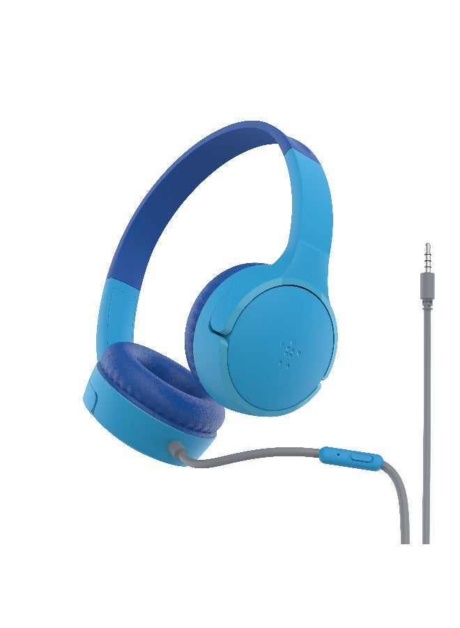 Belkin SoundForm Mini Kids Wired Headphones with USB-C to 3.5mm Dongle, Built-in Mic & Fun Stickers, 85dB Max Volume – for Online Learning, Travel, Compatible with iPhone, iPad, Galaxy, etc - Blue blue - Image 1