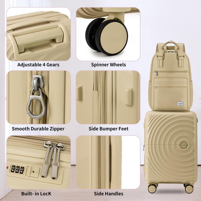 LARVENDER Carry On Luggage Set 22x14x9 Airline Approved, Expandable 20 Inch Carry-On Suitcases With Wheels, Lightweight Luggage Sets 3 Pieces With Backpack, Champagne - Image 4