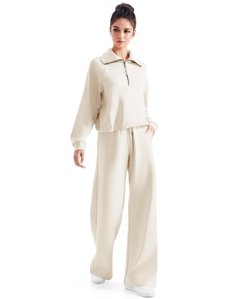 SUUKSESS Women 2 Piece Lounge Matching Sets Wide Leg Sweatpants Half Zip Oversized Sweatshirts (Apricot, M) - Image 3