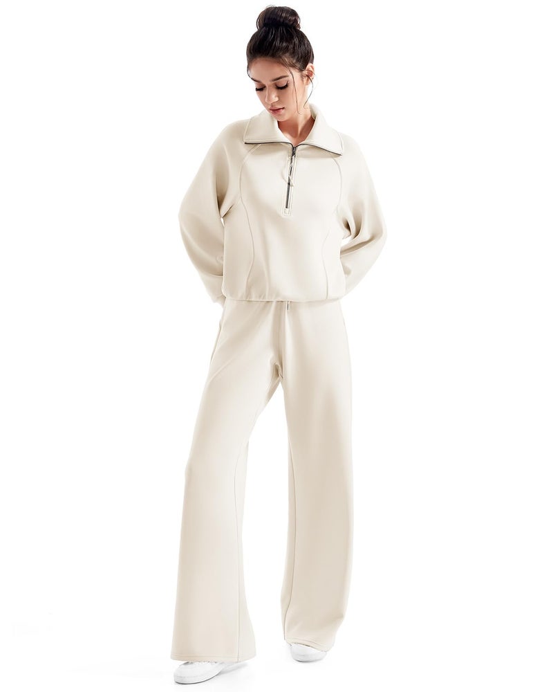 SUUKSESS Women 2 Piece Lounge Matching Sets Wide Leg Sweatpants Half Zip Oversized Sweatshirts (Apricot, M) - Image 5