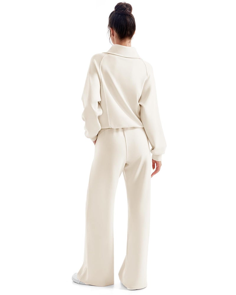 SUUKSESS Women 2 Piece Lounge Matching Sets Wide Leg Sweatpants Half Zip Oversized Sweatshirts (Apricot, M) - Image 2