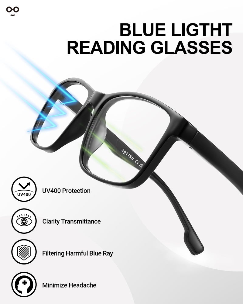 JOLISU 4 Pack Reading Glasses for Men Blue Light Blocking with Spring Hinge, Anti Eyestrain/UV Large Wide Square Readers for Men +2.00 - Image 4
