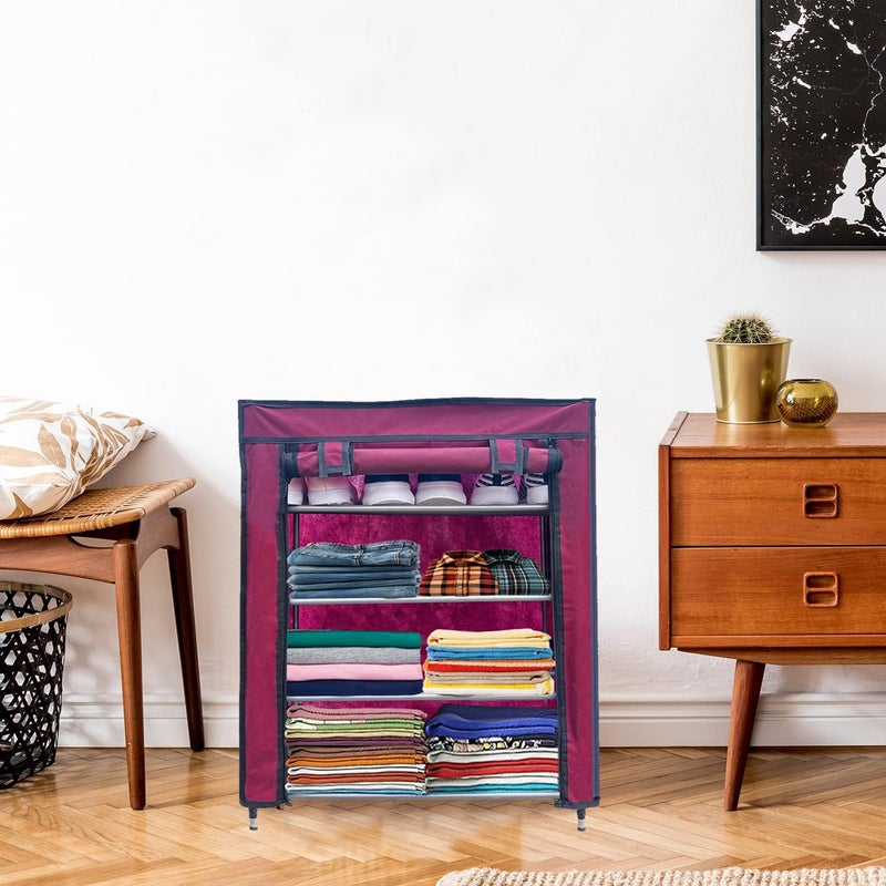 PHILOSHOP PHILOSHOP 4 Layer Metal Maroon SpaceSaver Collapsible Wardrobe Maximize Your Space with Style - Image 4