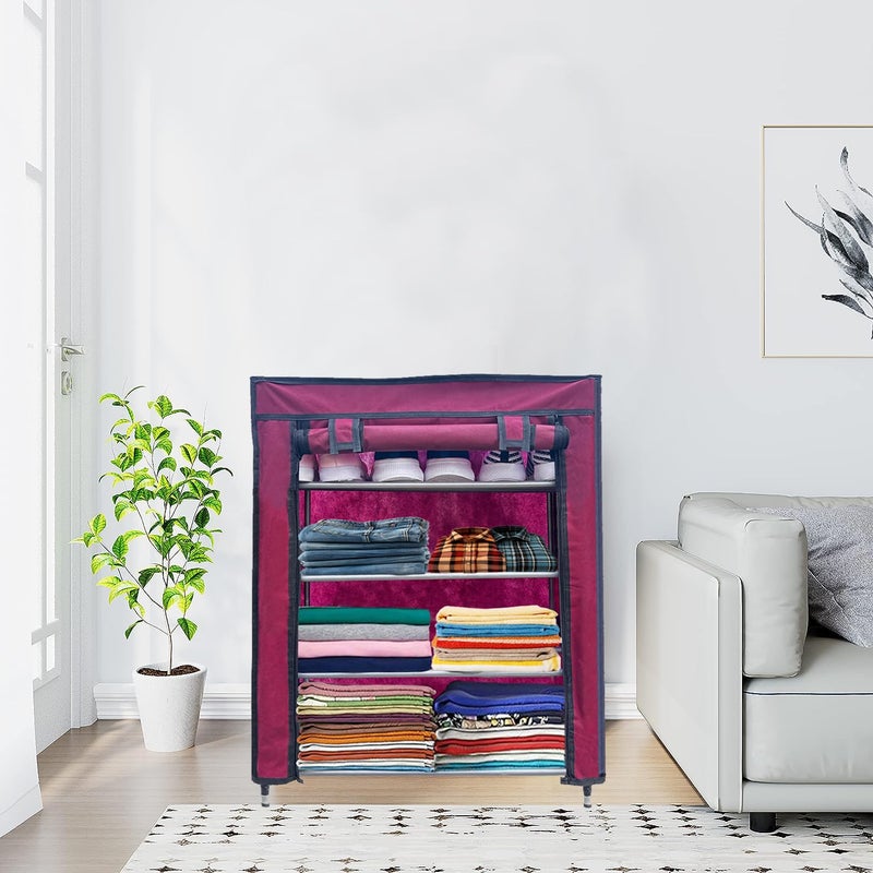 PHILOSHOP PHILOSHOP 4 Layer Metal Maroon SpaceSaver Collapsible Wardrobe Maximize Your Space with Style - Image 1