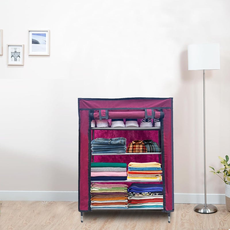 PHILOSHOP PHILOSHOP 4 Layer Metal Maroon SpaceSaver Collapsible Wardrobe Maximize Your Space with Style - Image 3