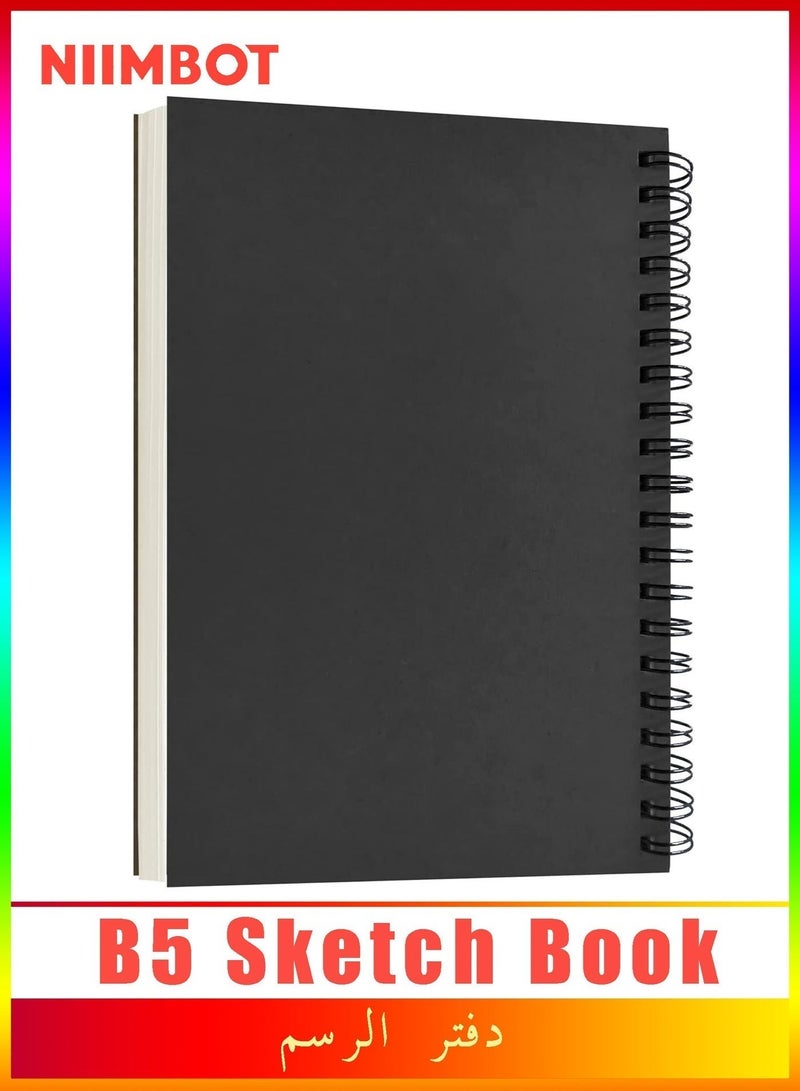 NIIMBOT 1 Piece B5 Blank Spiral Notebook, Black Soft Cover White Paper Blank Notebook, Sketch Book, Thick Bleed-Proof Paper Travel Journal for Drawing, 100 Pages / 50 Sheets Blank Diary for Work Notes and Study Writing, School Office Stationery Supplies, 26.2 cm x 19.4 cm - Image 1